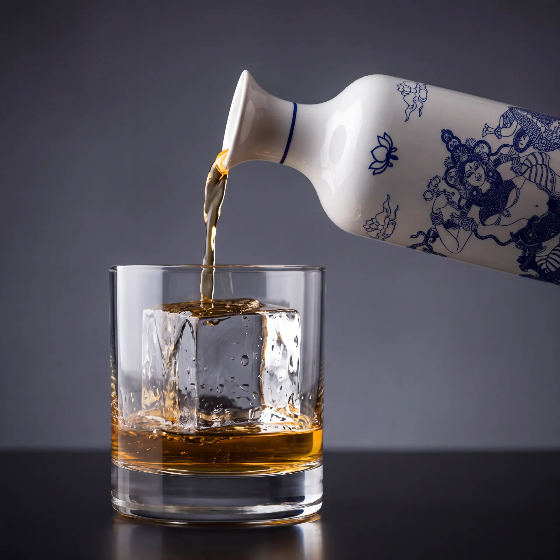 Lotus Gin poured neat over a single large ice cube
